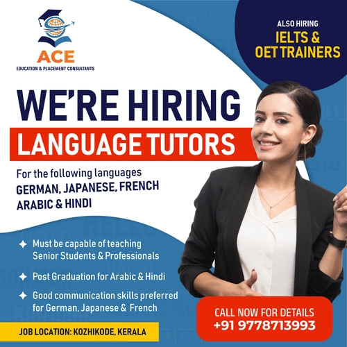 📚 Passionate about languages? We're hiring Tutors in Kozhikode! Teach German, Japanese, French, Arabic & Hindi to senior students and professionals. Post-grads required for Arabic & Hindi. Also hiring IELTS & OET Trainers!